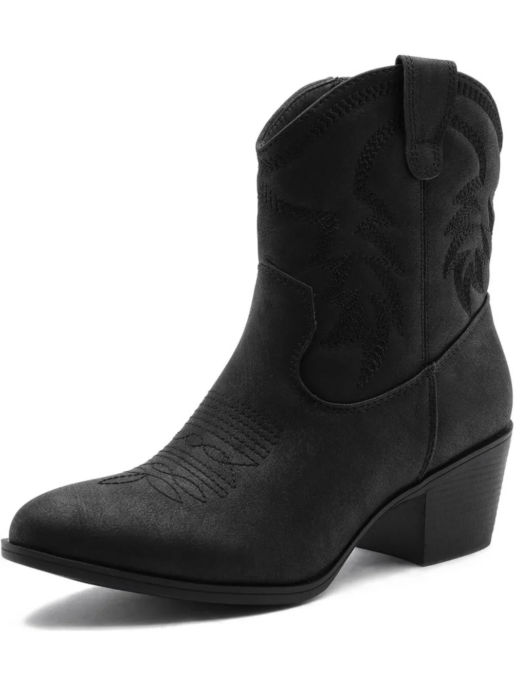 Women's Black Pointed Toe Cowgirl Faux Leather Side Zipper Ankle Booties